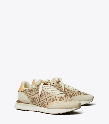 Tory Burch designer sneakers T Monogram Destiny Trainer in HAZEL / RIVER ROCK angle