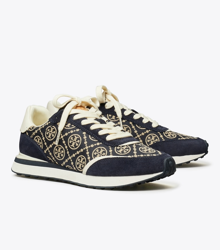 Tory Burch designer sneakers T Monogram Destiny Trainer in NAVY / PERFECT NAVY / WHITE angle
