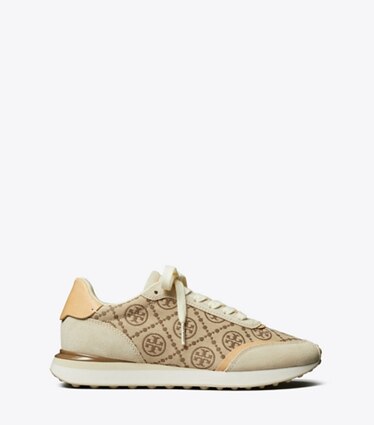 Tory Burch designer sneakers T Monogram Destiny Trainer in HAZEL / RIVER ROCK side