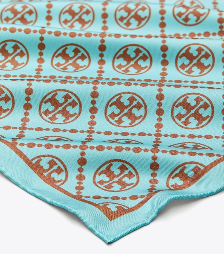 Tory Burch designer scarves T Monogram Double-Sided Silk Square Scarf  in Light Blue overhead