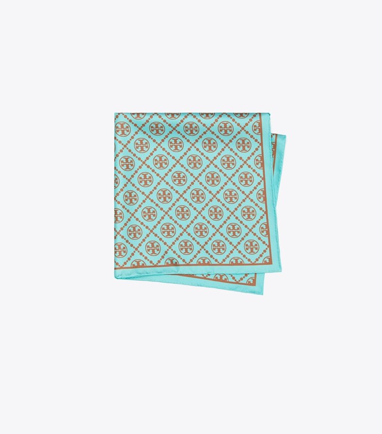 Tory Burch designer scarves T Monogram Double-Sided Silk Square Scarf  in Light Blue folded