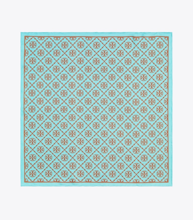 Tory Burch designer scarves T Monogram Double-Sided Silk Square Scarf  in Light Blue overhead