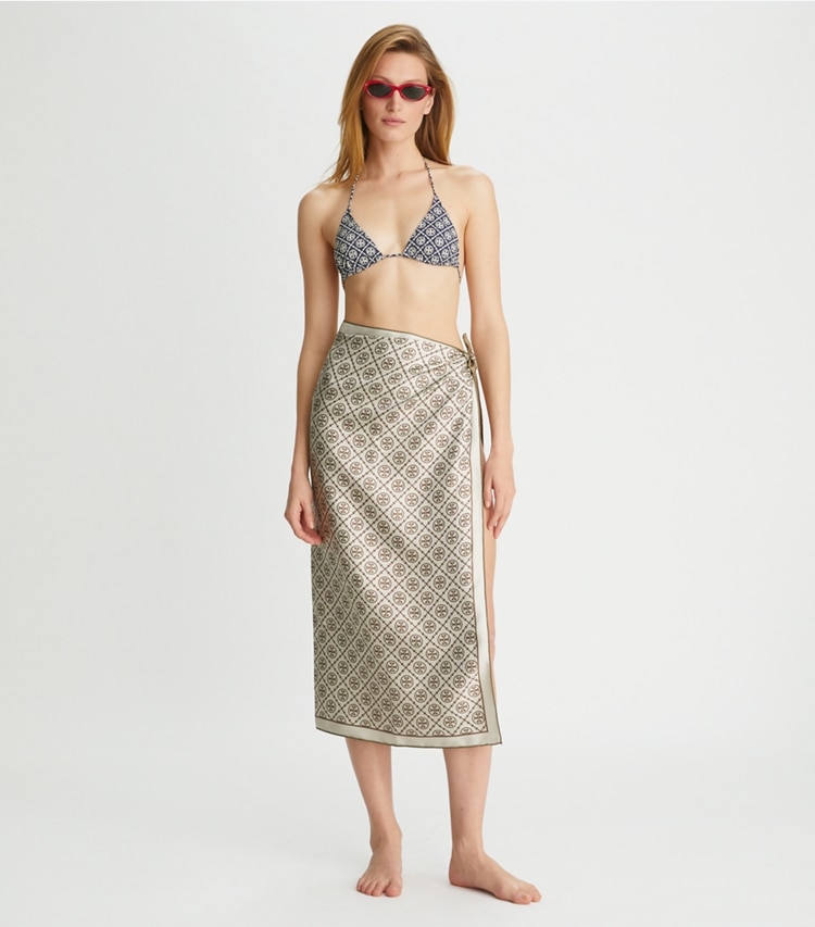 Tory Burch designer scarves T Monogram Double-Sided Silk Square Scarf in Natural Khaki accessory on model
