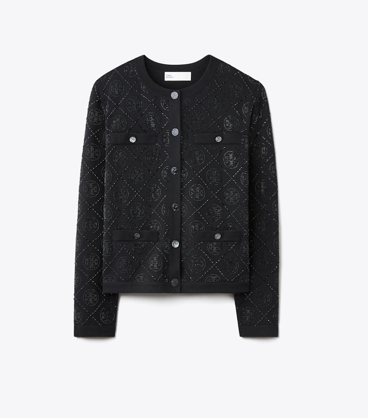 Tory Burch designer sweaters T Monogram Embellished Kendra Cardigan in Black front