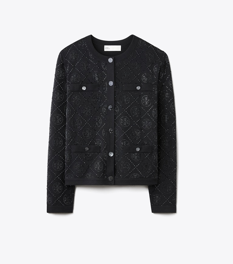 Tory Burch designer sweaters T Monogram Embellished Kendra Cardigan in Black front