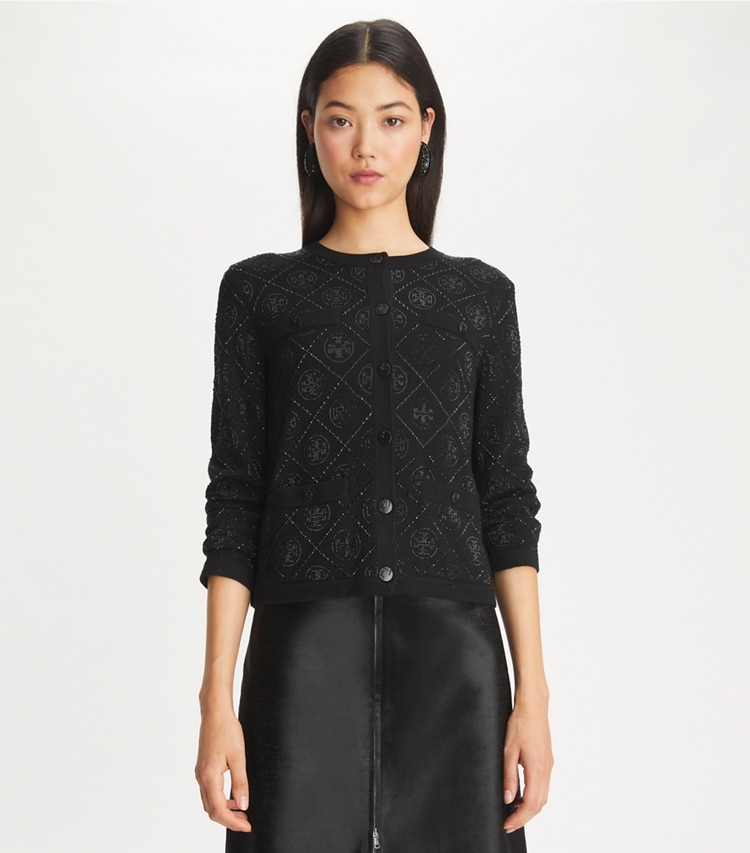 Tory Burch designer sweaters T Monogram Embellished Kendra Cardigan in Black on model detail