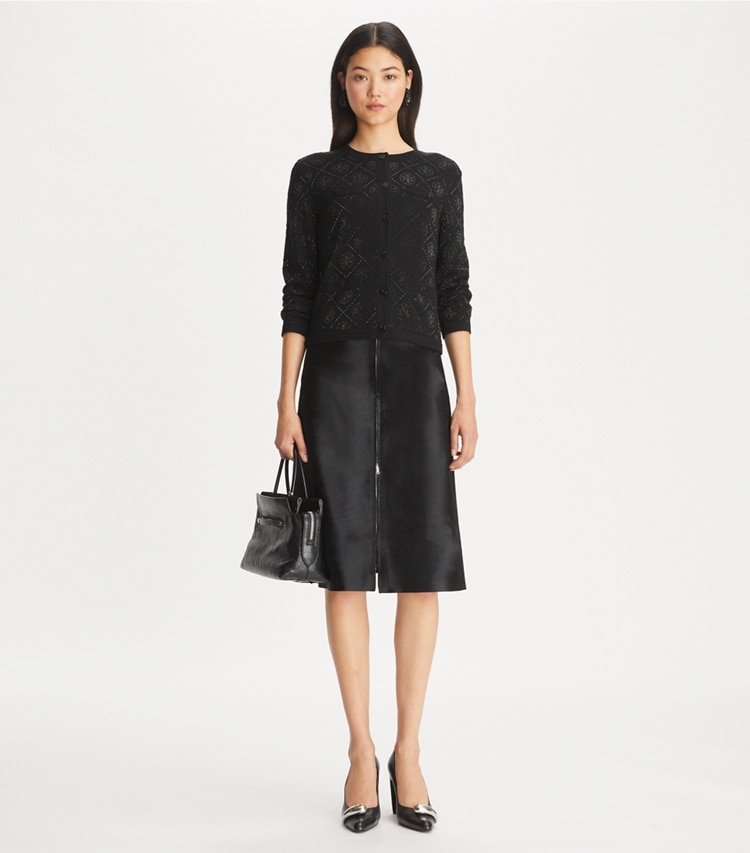 Tory Burch designer sweaters T Monogram Embellished Kendra Cardigan in Black on model front