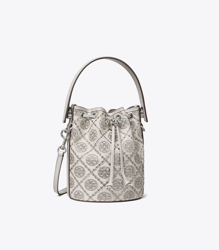 Tory Burch designer crossbody bags T Monogram Embellished Mini Bucket Bag in Gray angle
