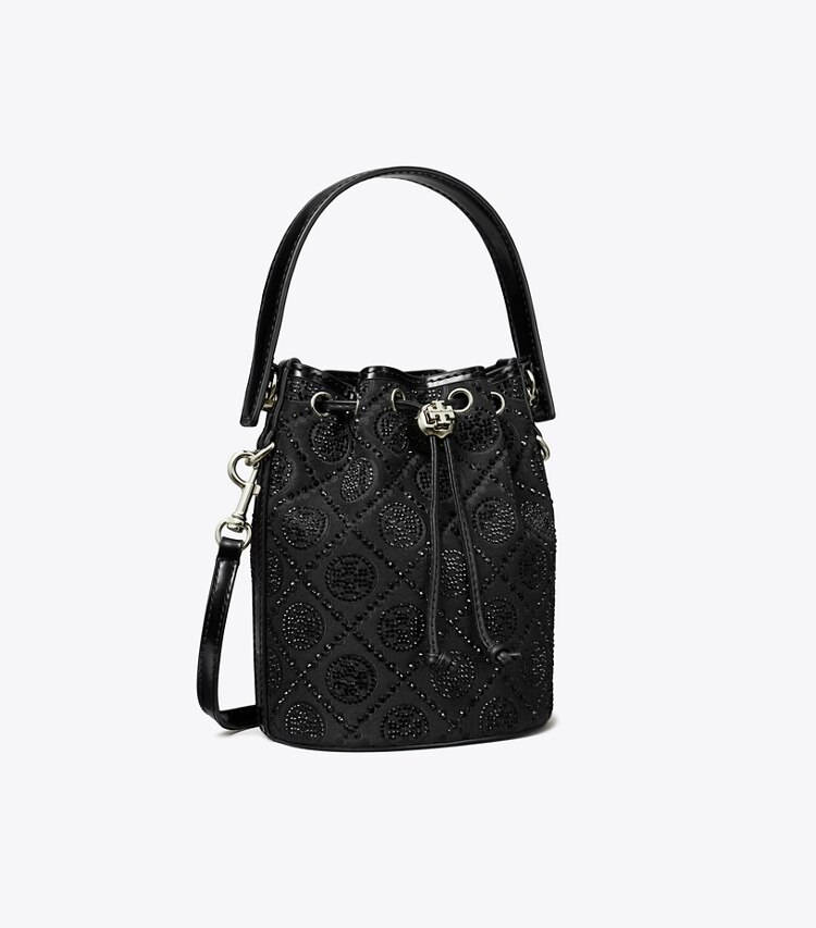 Tory Burch designer crossbody bags T Monogram Embellished Mini Bucket Bag in Black angle