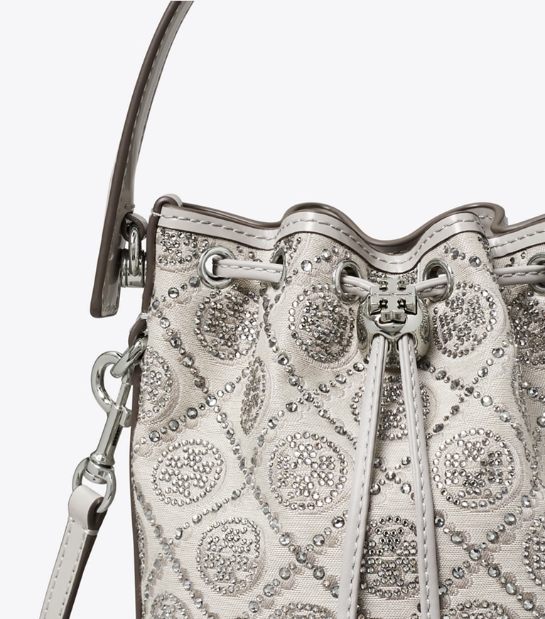 Tory Burch designer crossbody bags T Monogram Embellished Mini Bucket Bag in Gray angle