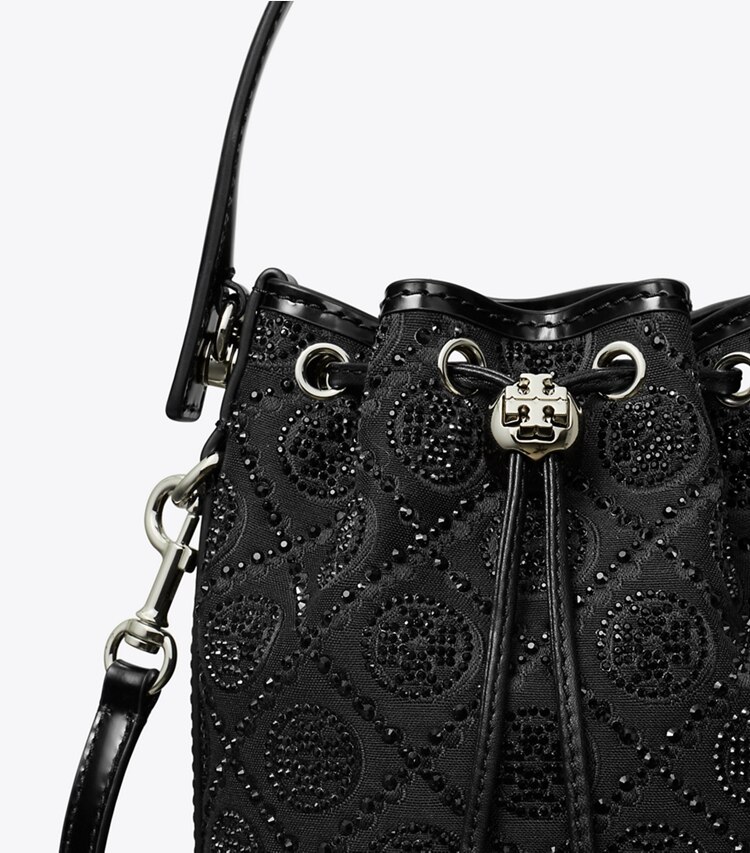 Tory Burch designer crossbody bags T Monogram Embellished Mini Bucket Bag in Black detail