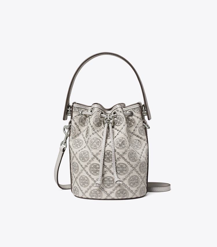 Tory Burch designer crossbody bags T Monogram Embellished Mini Bucket Bag in Gray front