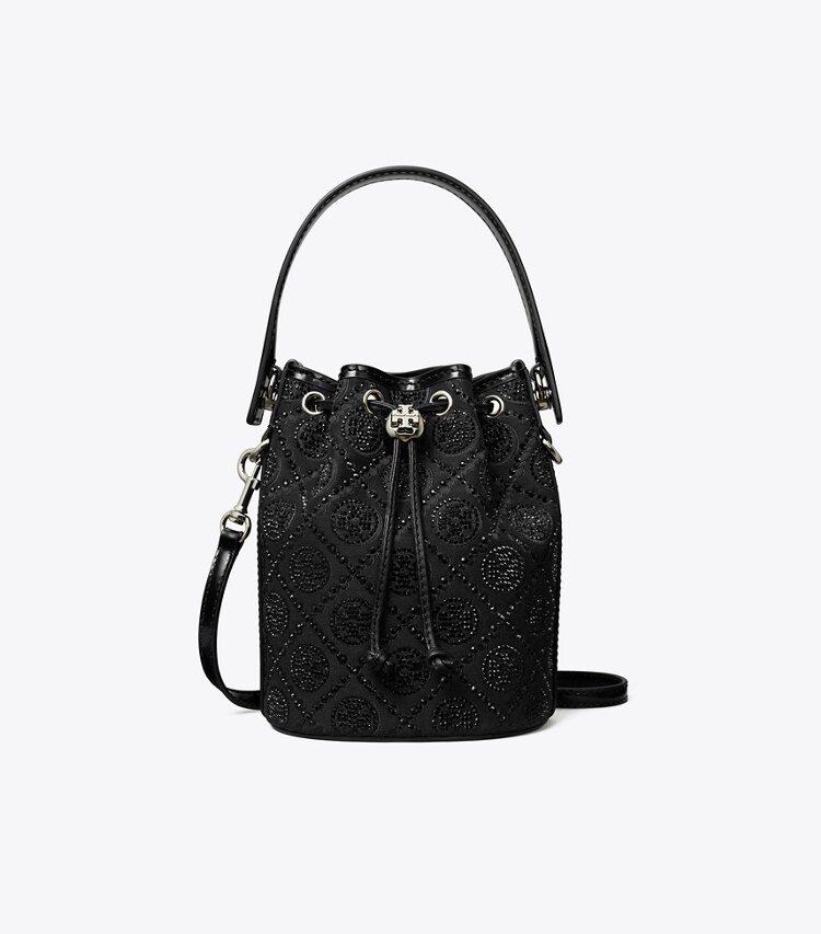 Tory Burch designer crossbody bags T Monogram Embellished Mini Bucket Bag in Black front