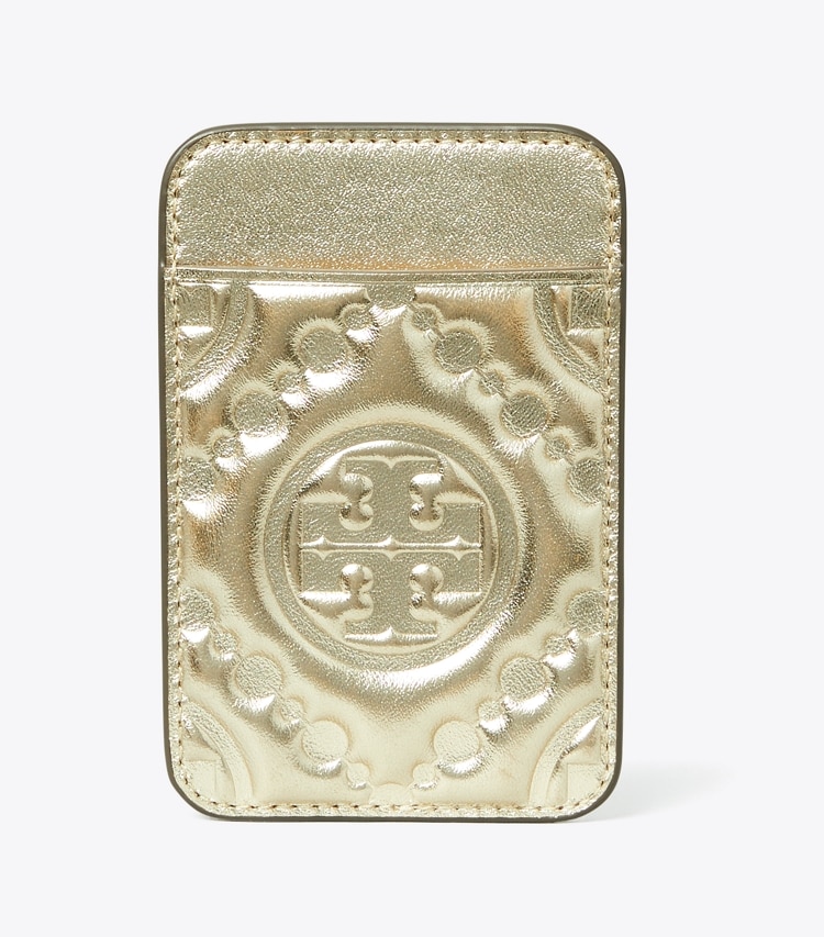 Tory Burch designer tech accessories T Monogram Embossed Metallic Card Pocket in Gold front