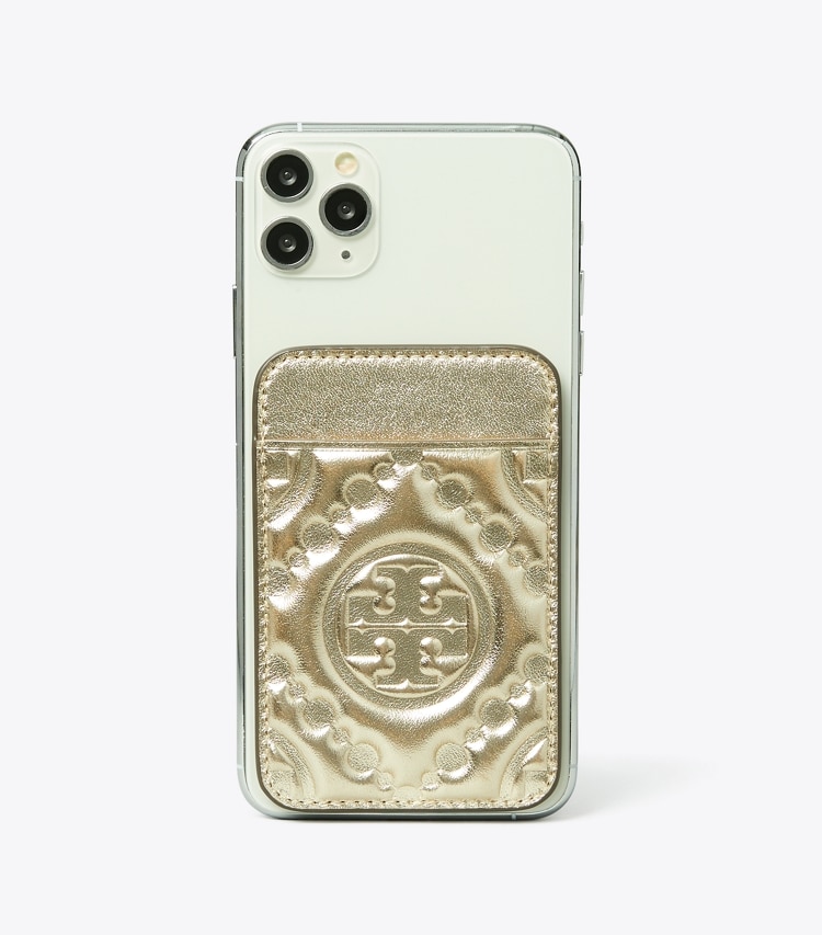 Tory Burch designer tech accessories T Monogram Embossed Metallic Card Pocket in Gold phone