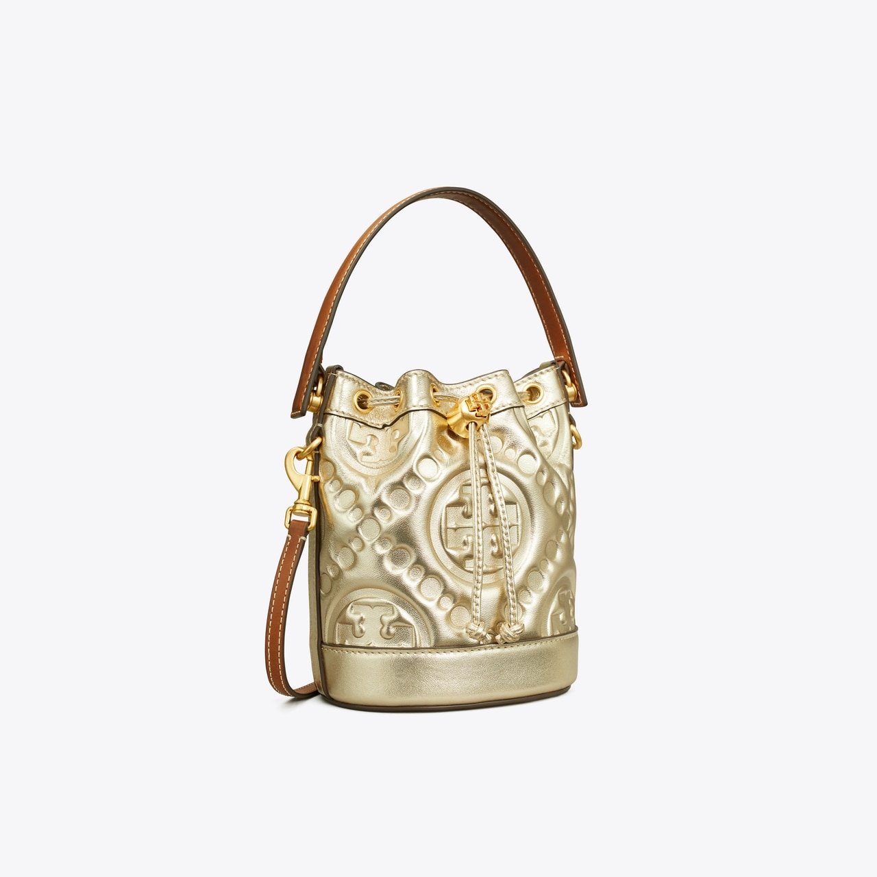 T Monogram Embossed Metallic Mini Bucket Bag: Women's Designer Crossbody  Bags