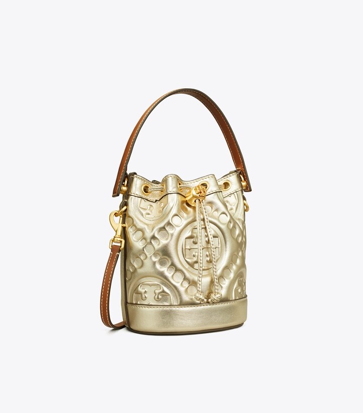 T Monogram Embossed Metallic Mini Bucket Bag: Women's Handbags