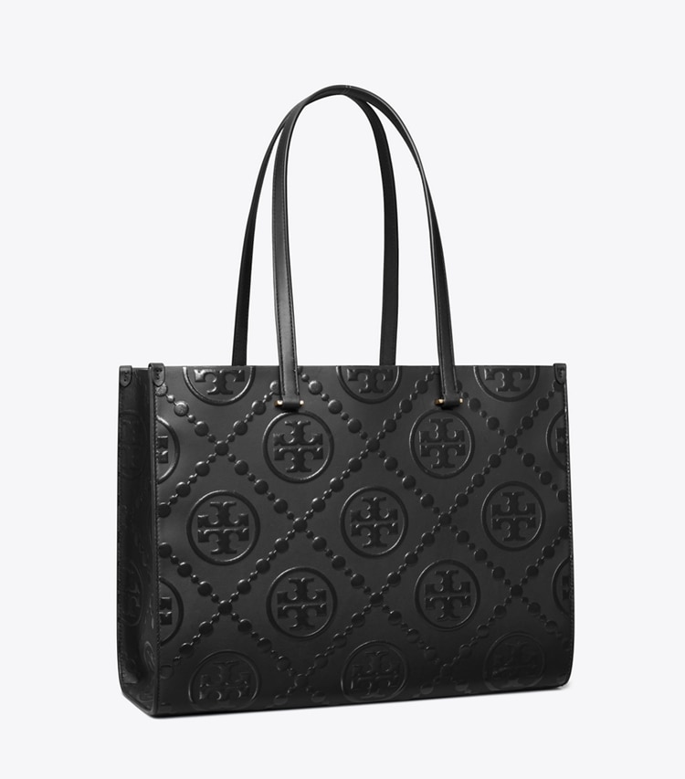 Tory Burch designer トートバッグ Tモノグラム エンボス トートバッグ in Black/Black angle