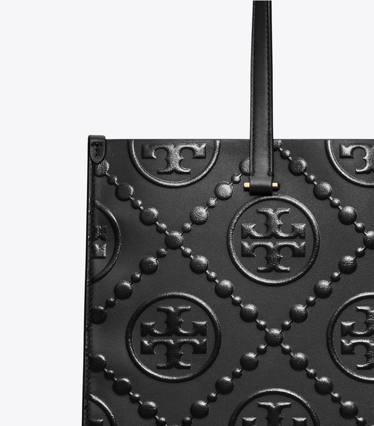 Tory Burch designer トートバッグ Tモノグラム エンボス トートバッグ in Black/Black angle