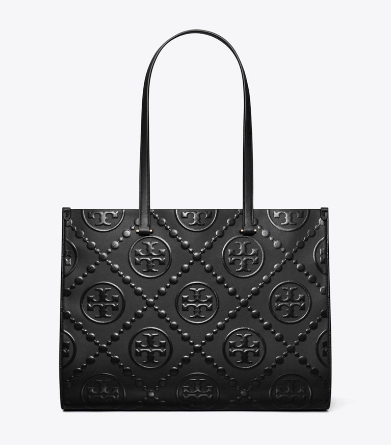 Tory Burch designer トートバッグ Tモノグラム エンボス トートバッグ in Black/Black angle