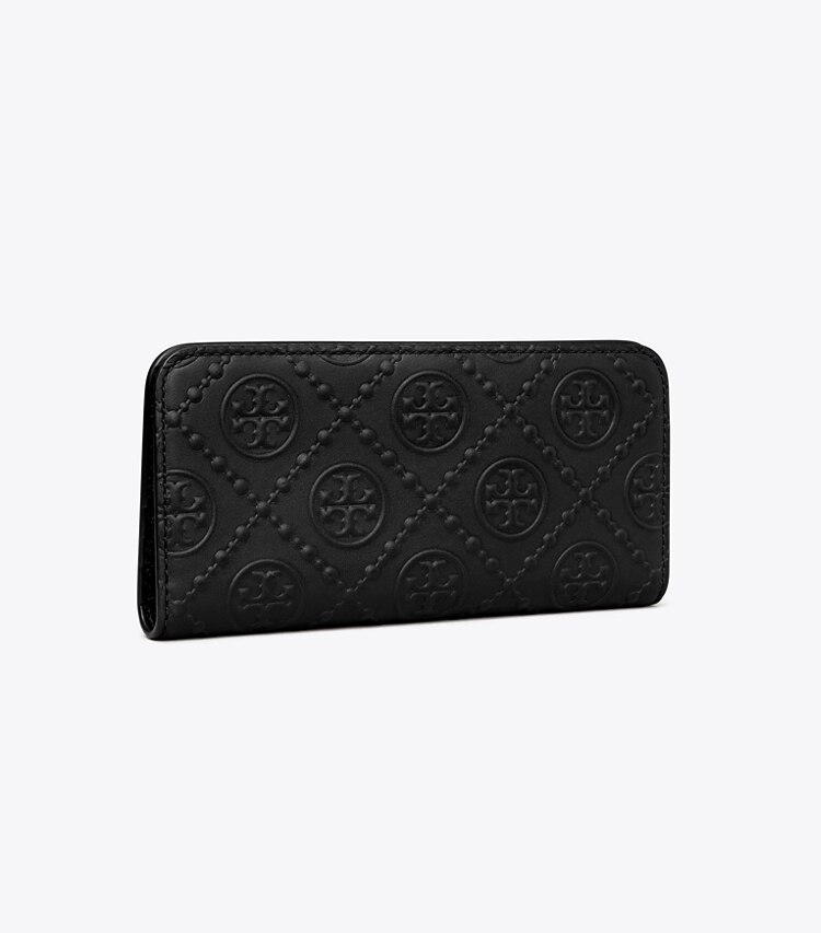 Tory Burch designer wallets T Monogram Embossed Zip Slim Wallet in Black angle