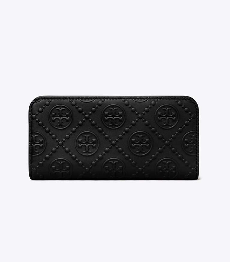 Tory Burch designer wallets T Monogram Embossed Zip Slim Wallet in Black angle
