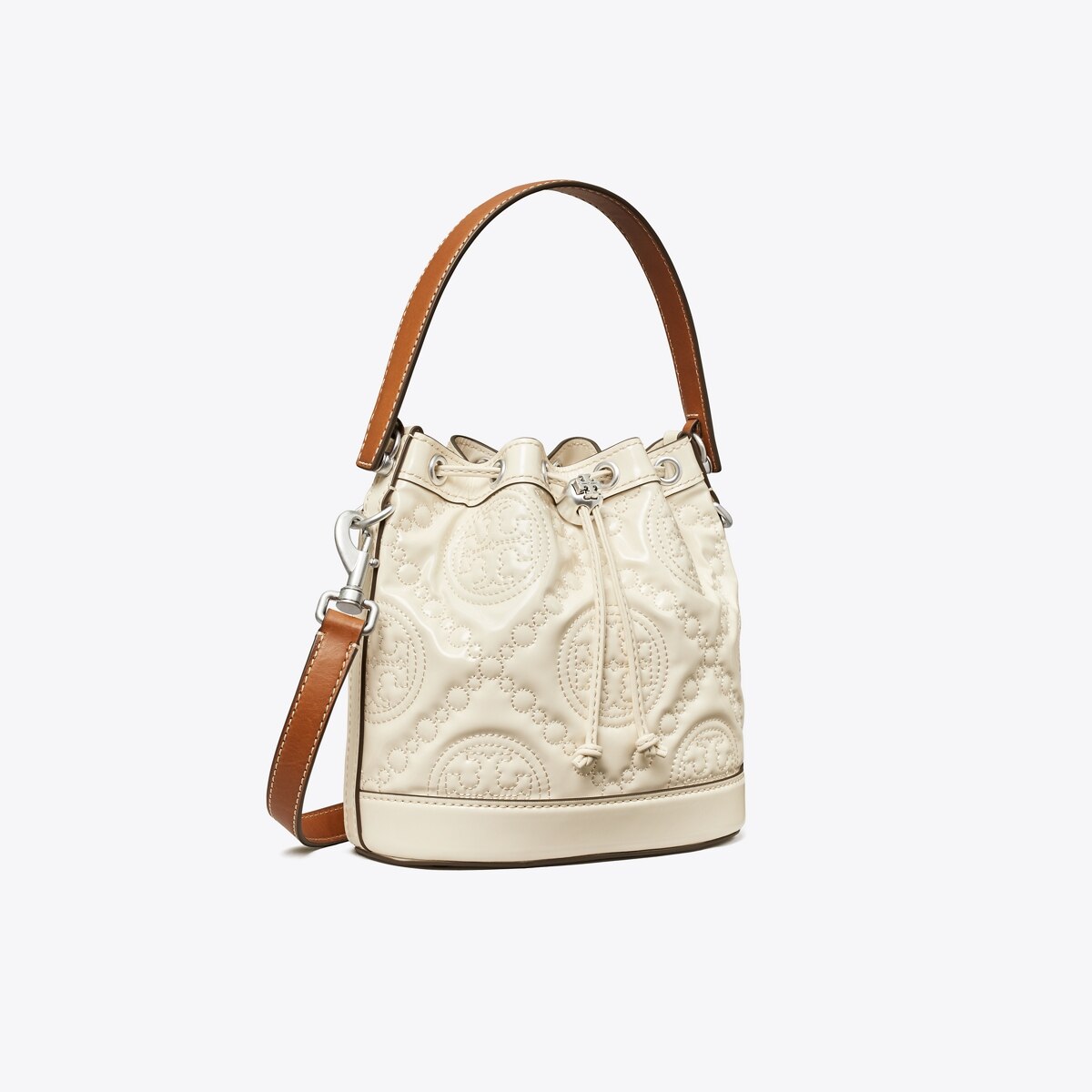 T Monogram Embroidered Patent Bucket Bag: Women's Designer Crossbody Bags | Tory  Burch