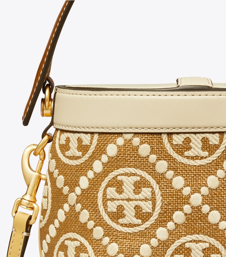 Tory Burch designer crossbody bags T Monogram Embroidered Raffia Canteen Bag in Aged Camello Mix angle