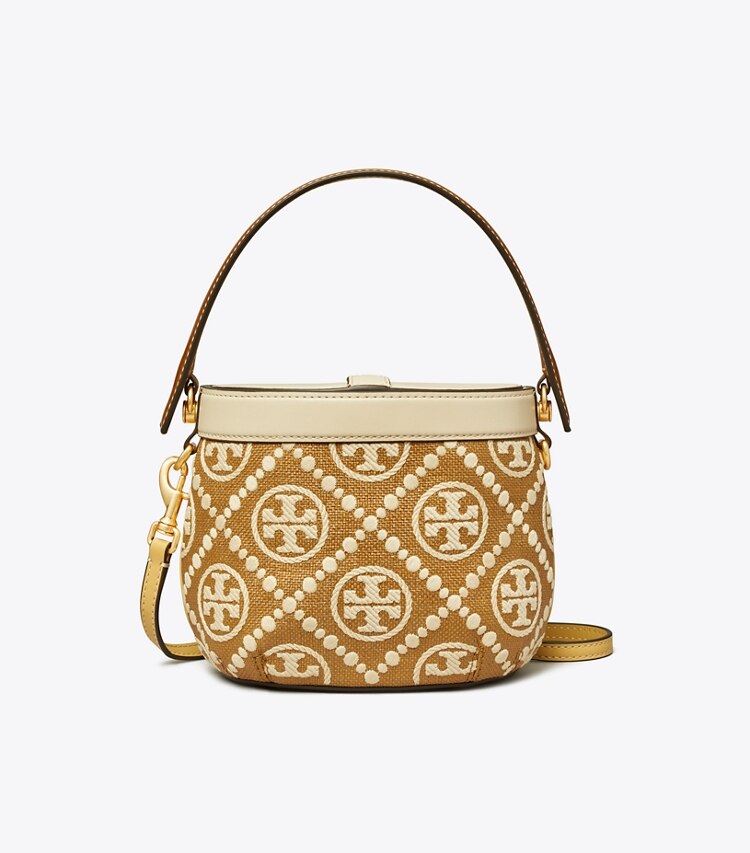 Tory Burch designer crossbody bags T Monogram Embroidered Raffia Canteen Bag in Aged Camello Mix front