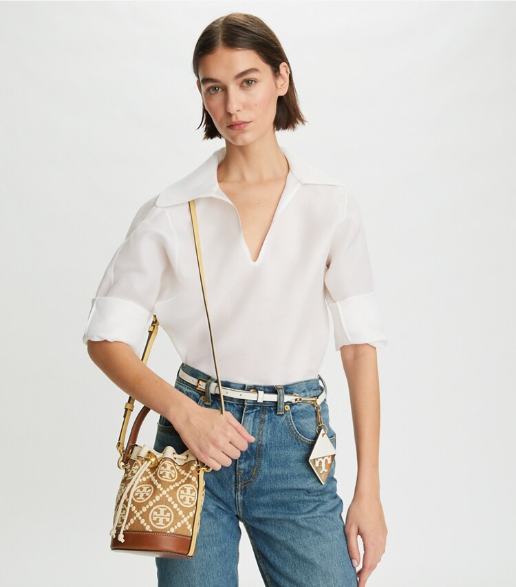 Tory Burch Mini T Monogram Denim Bucket Bag