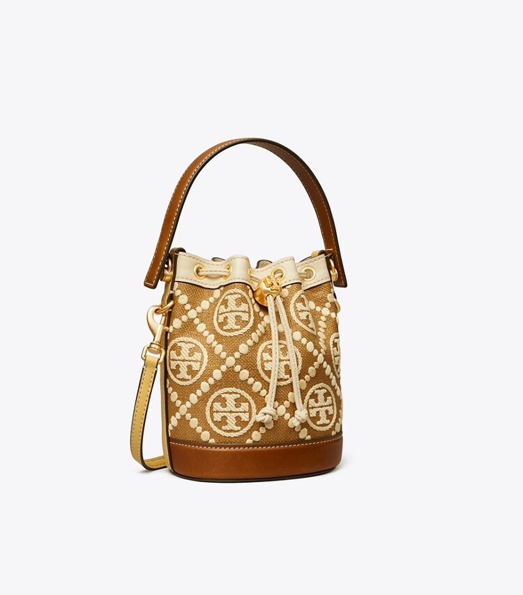 T Monogram Embroidered Raffia Mini Bucket Bag: Women's Designer ...