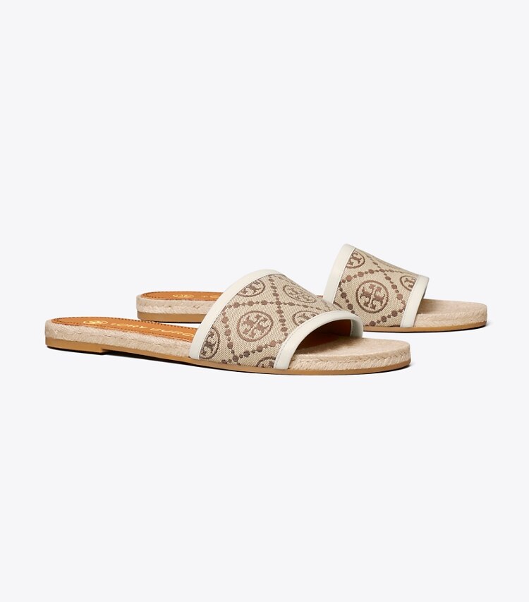 Tory Burch designer espadrilles T Monogram Espadrille Slide in Hazelnut / New Ivory JACQUARD angle