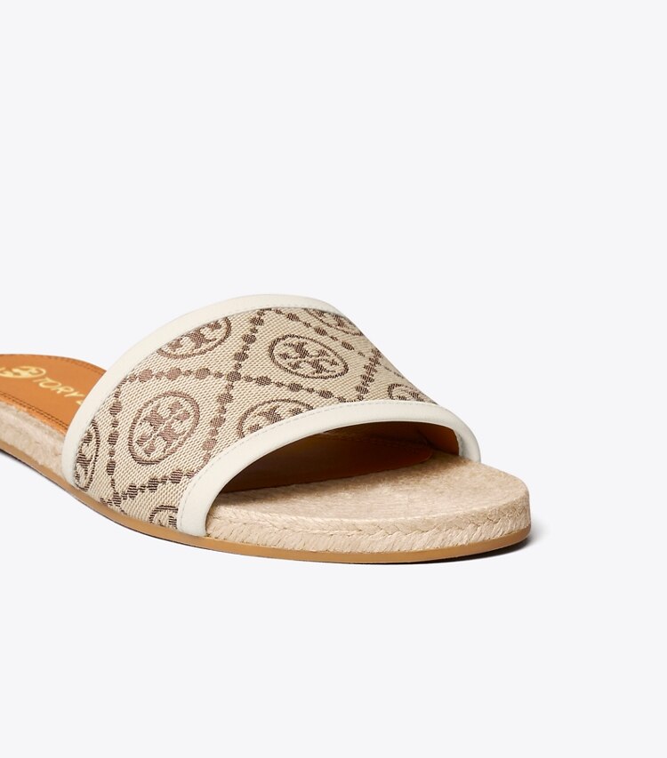 Tory Burch designer espadrilles T Monogram Espadrille Slide in Hazelnut / New Ivory JACQUARD detail