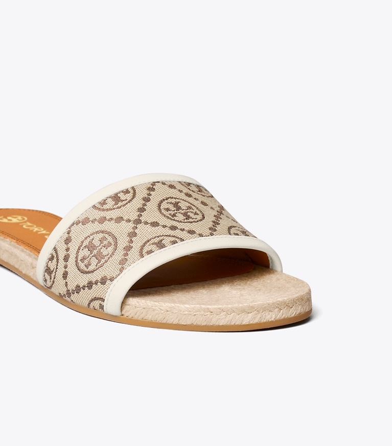 Tory Burch designer espadrilles T Monogram Espadrille Slide in Hazelnut / New Ivory JACQUARD angle
