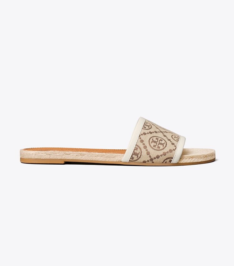 Tory Burch designer espadrilles T Monogram Espadrille Slide in Hazelnut / New Ivory JACQUARD side