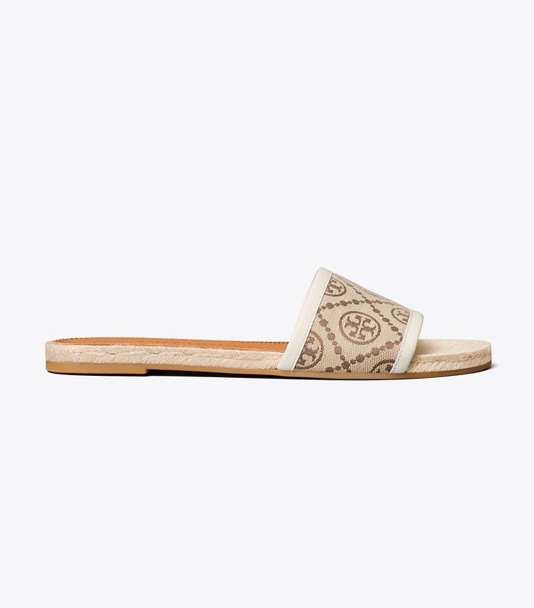 Tory Burch designer espadrilles T Monogram Espadrille Slide in Hazelnut / New Ivory JACQUARD angle