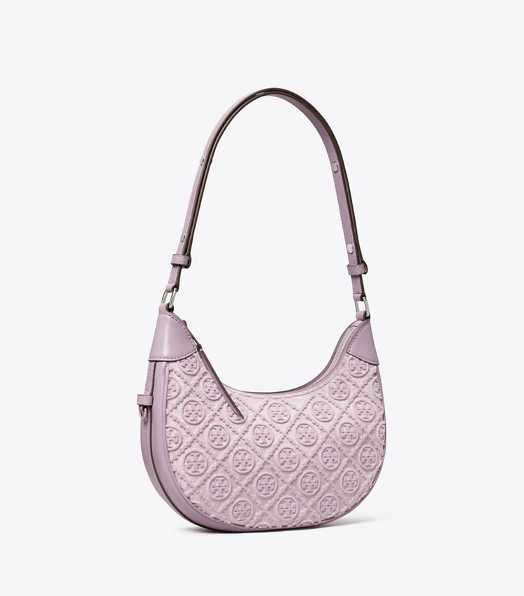 Tory Burch designer shoulder bags T Monogram Fil Coupé Crescent Bag in Lilac angle