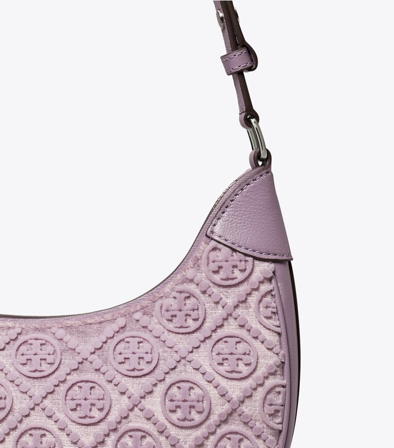 Tory Burch designer shoulder bags T Monogram Fil Coupé Crescent Bag in Lilac angle