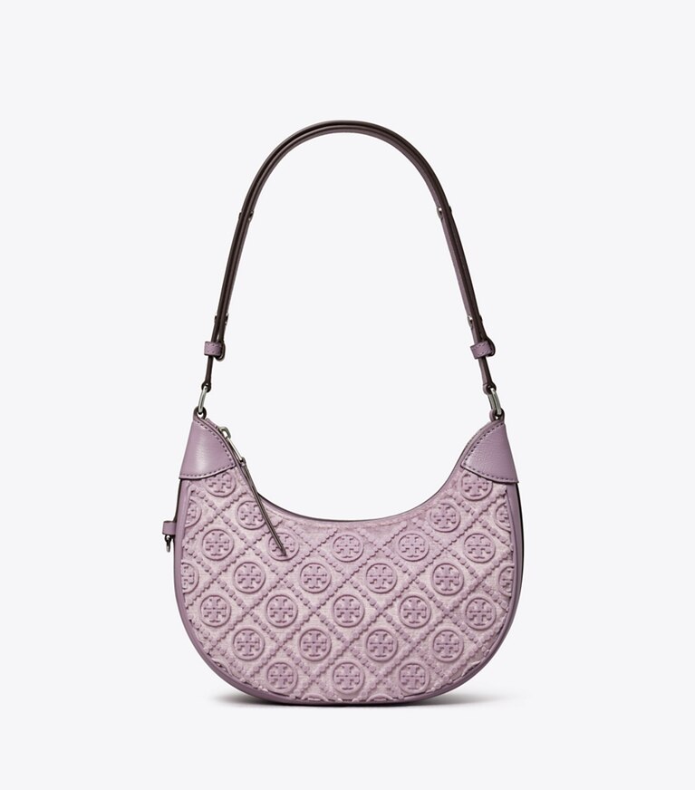 Tory Burch designer shoulder bags T Monogram Fil Coupé Crescent Bag in Lilac angle