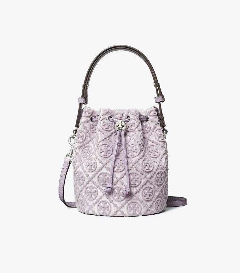 Tory Burch designer crossbody bags T Monogram Fil Coupé Mini Bucket Bag in Lilac angle