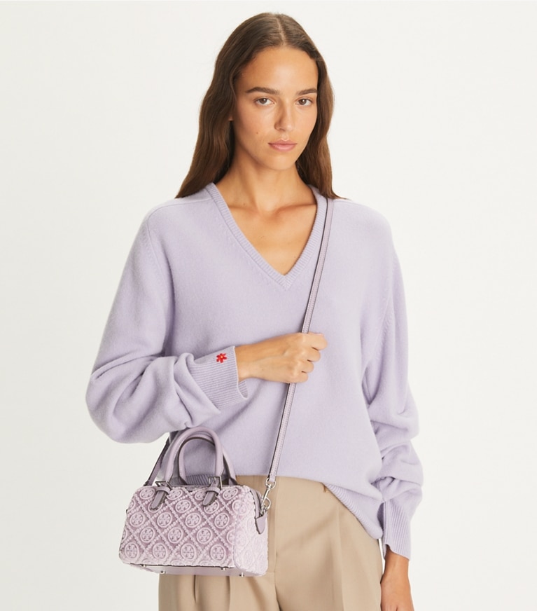 Tory Burch designer クロスボディバッグ Tモノグラム フィルクーペ ミニバレルバッグ in Lilac angle