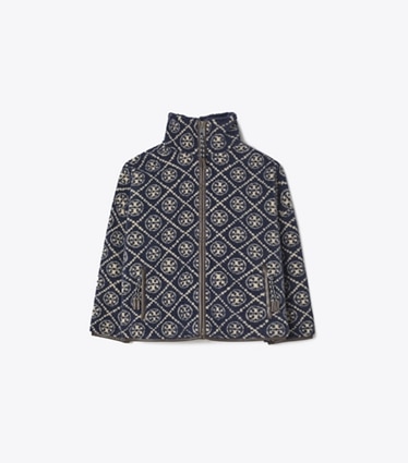 Tory Burch designer コート Tモノグラム フリース ジャケット in Medium Navy front