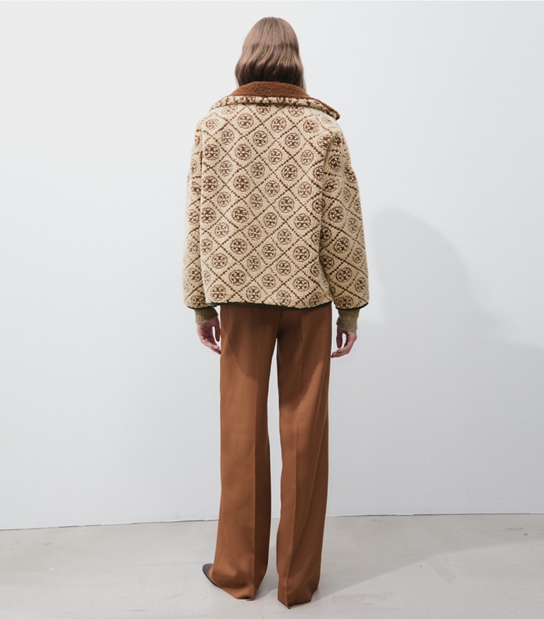 Tory Burch designer coats T Monogram Fleece Jacket in Oatmeal on model back
