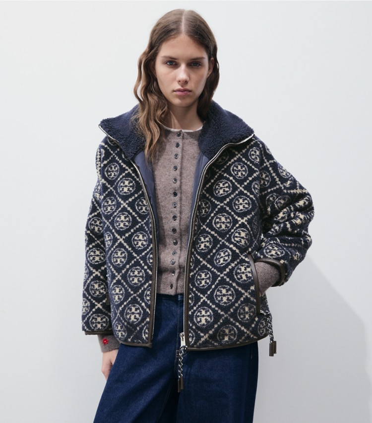 Tory Burch designer coats T Monogram Fleece Jacket in Medium Navy on model detail