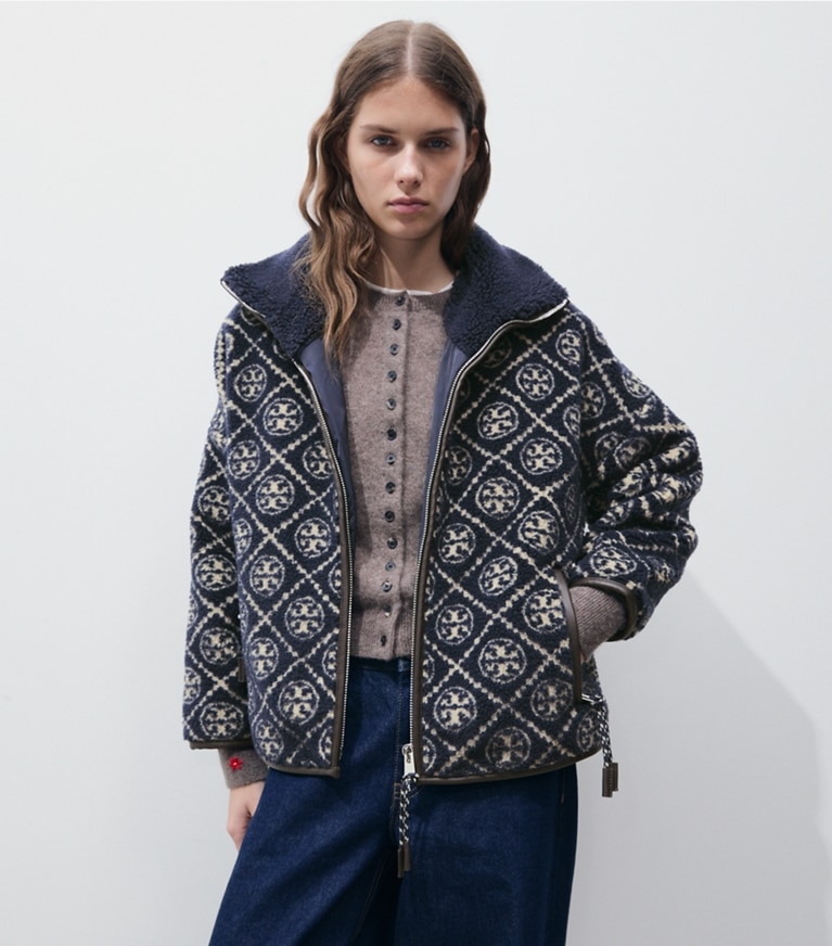 Tory Burch designer coats T Monogram Fleece Jacket in Medium Navy on model detail