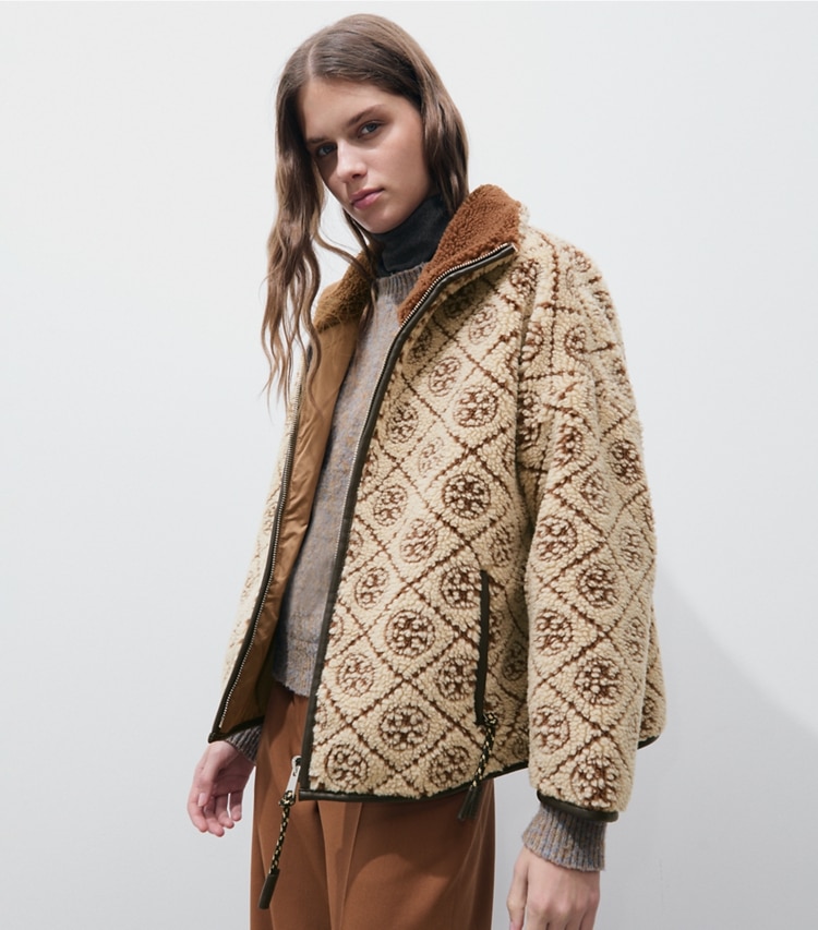 Tory Burch designer coats T Monogram Fleece Jacket in Oatmeal on model detail