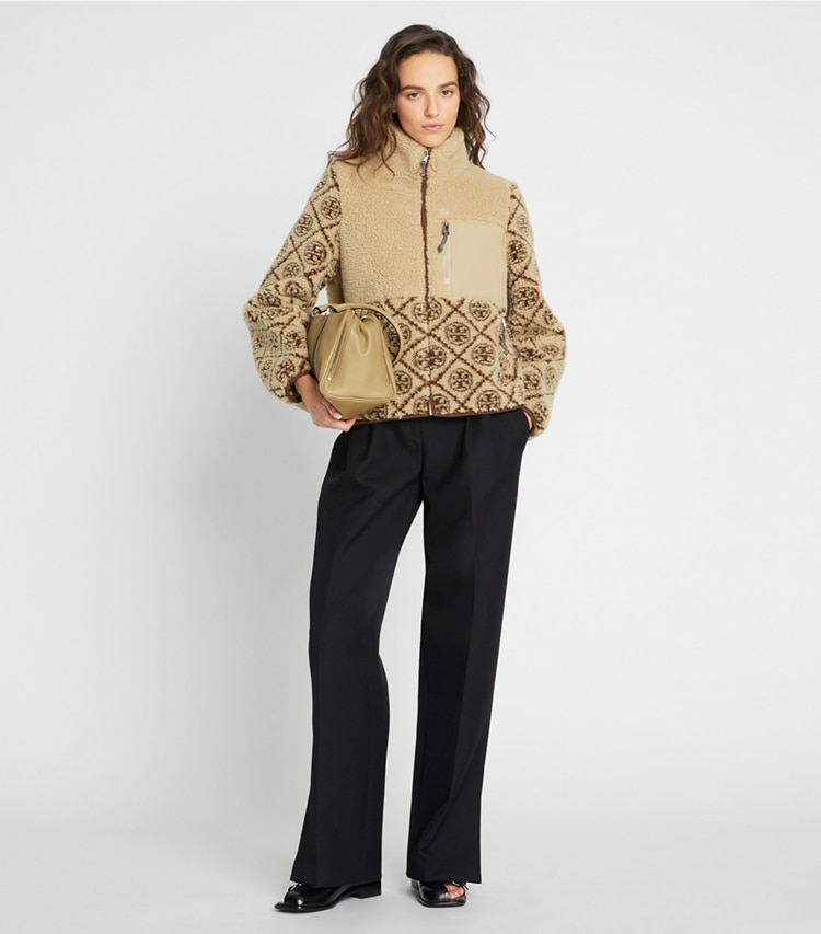 Tory Burch designer coats T Monogram Fleece Jacket in Oatmeal on model front