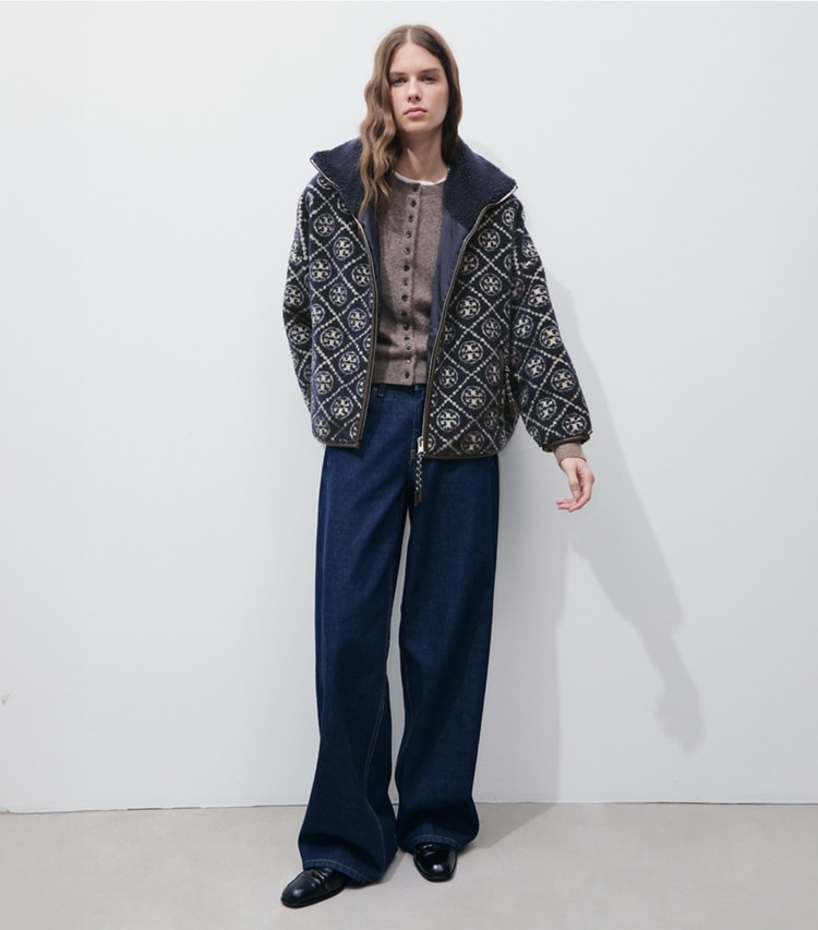 Tory Burch designer coats T Monogram Fleece Jacket in Medium Navy on model front
