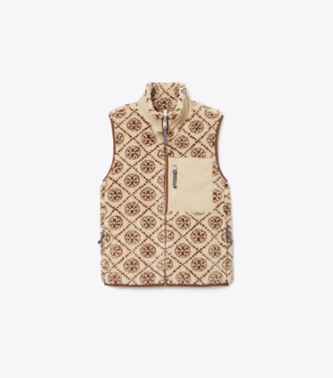 Tory Burch designer coats T Monogram Fleece Vest in Oatmeal T Monogram front