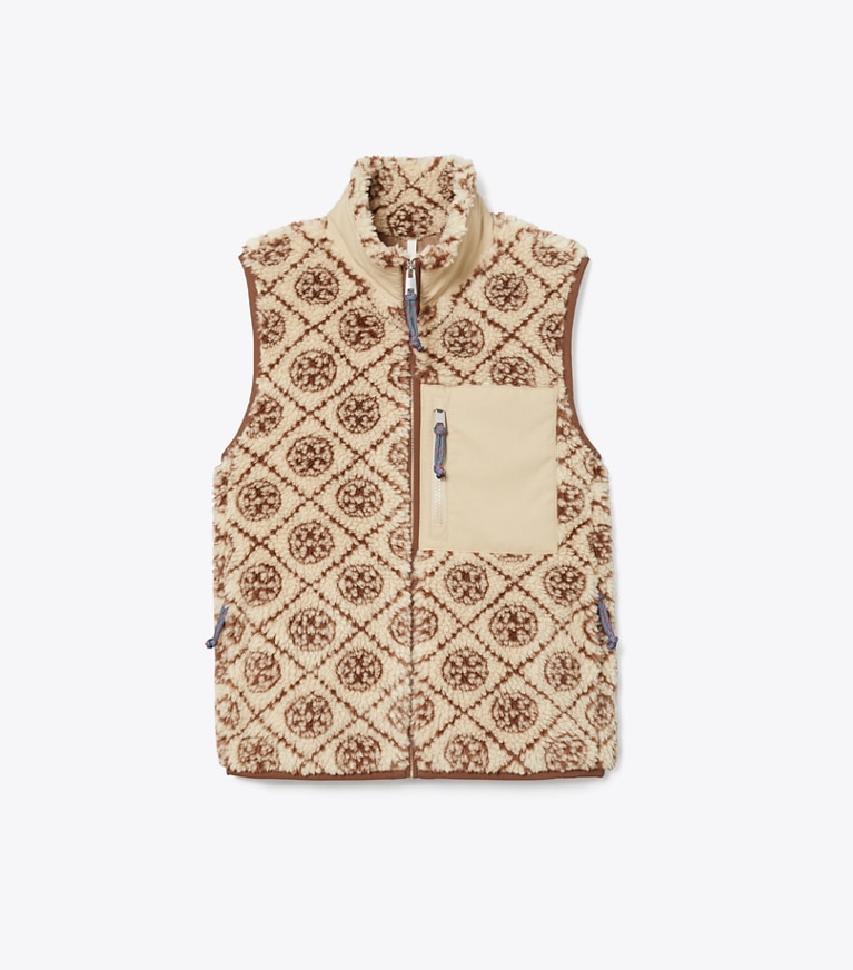 Tory Burch designer coats T Monogram Fleece Vest in Oatmeal T Monogram front